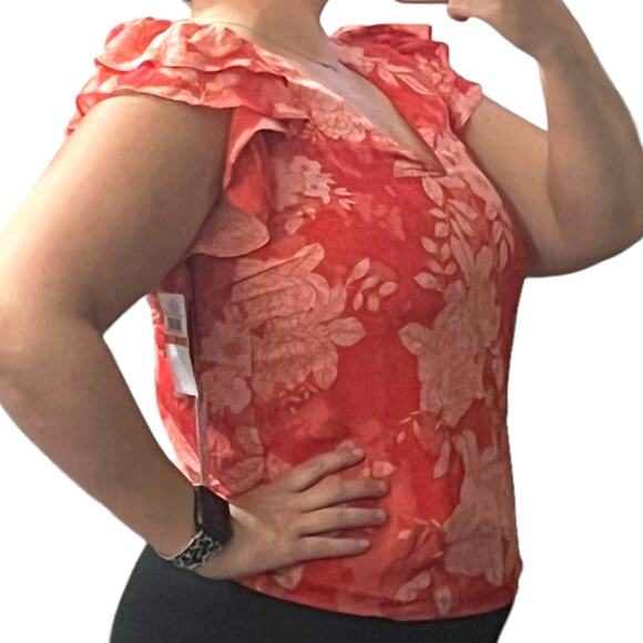 1.State (S) Floral Ruffle Short Sleeve V-Neck Chiffon Blouse Top Fully Lined - Picture 10 of 14